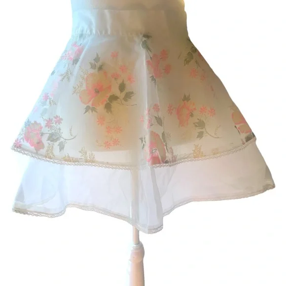 VTG Layered Chiffon Blend Sheer Neon Pink Floral Print Kitchen Half Apron - Picture 4 of 7